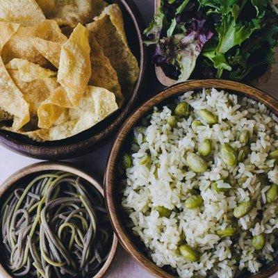 Bases: Nachos, Salad Mix, Green Tea Soba Noodles, Matcha Edamame Rice