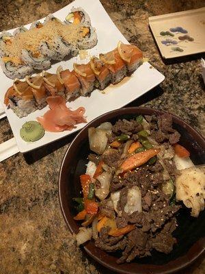 Bulgogi and crazy salmon roll and sunset roll