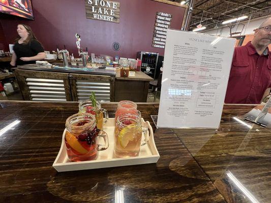 Very yummy sangria sampler at Stone Lake winery. The first Saturday of every month. They also do a chocolate pairing with the wine tasting.