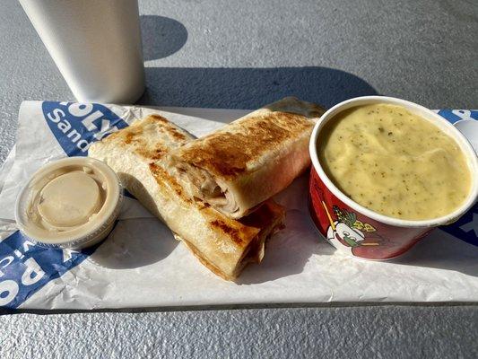 Turkey Applejack Wrap Combo with Broccoli Cheddar Soup and a drink.