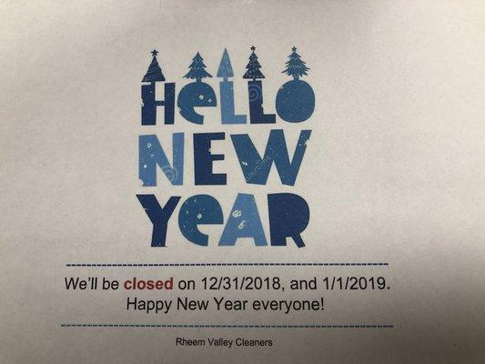 2019 New year closing info. Will be reopened on 1/2/2019!