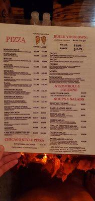 Current menu at Stone Oven Pizzeria