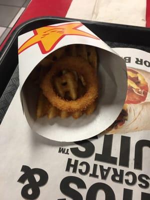 Um, crisscut fries shouldn't be hidden by an onion ring and why only a half order? Fail.