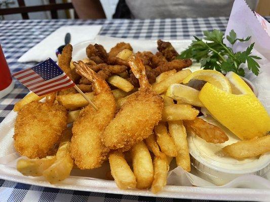 The captain's platter - fries, shrimp, clams, and oysters