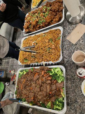 Beef broccoli, chicken chow mein, salt and pepper pork chops