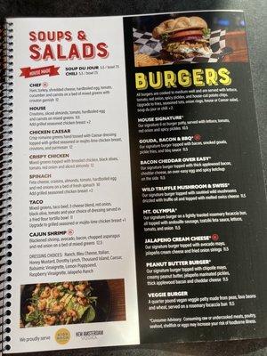 Menu salads and burgers