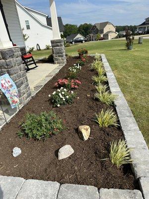 Added stone wall, moved liriope, added drift roses, and tripled shredded mulch.