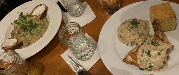 Mushroom risotto; local chicken breast w/whipped potatoes & cornbread.