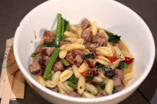 Spicy Spinach Cavatelli ($13.99) - winter special bowl with pork sausage, yu choi, cavatelli, fennel shallot Calabrian relish