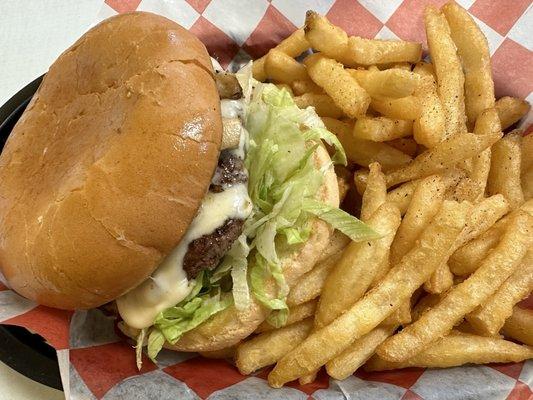 Mushroom Cheeseburger & fries.