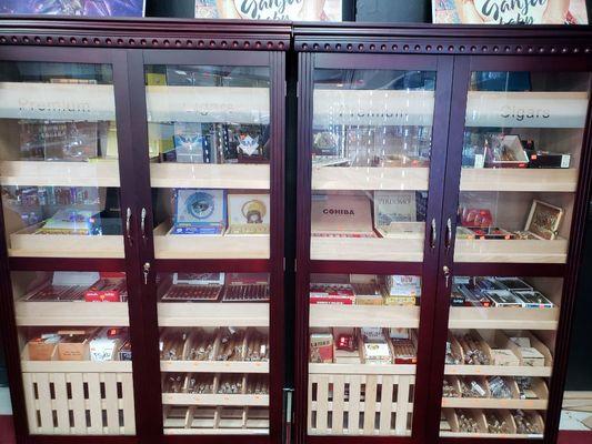 Our premium cigars, all stored in humidor cases