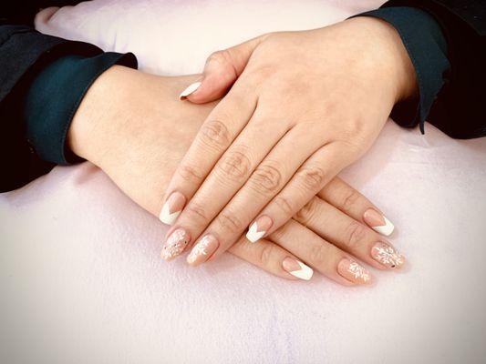 Winter in California design. White snowflakes on pale pink and v French. Perfect for the winter holidays!