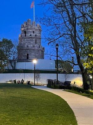 The 4 Story Castle Structure built in 1903 The Grand Union Flag - The First National Flag of the US flies over The Prospect Hill  Monument