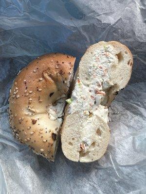 Everything bagel and veggie cream cheese. Generous shmear. Tasty. It just needs more Seeds! You know me! Seeds!