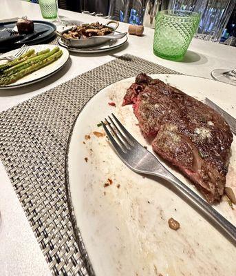 What's left of my ribeye, asparagus, gourmet mushrooms, and the wife's filet