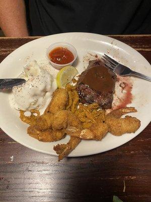 Sirloin, fried shrimp and smashed potatoes and gravy