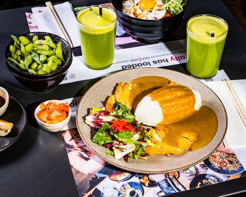 wagamama's chicken katsu curry, fresh power juice and edamame