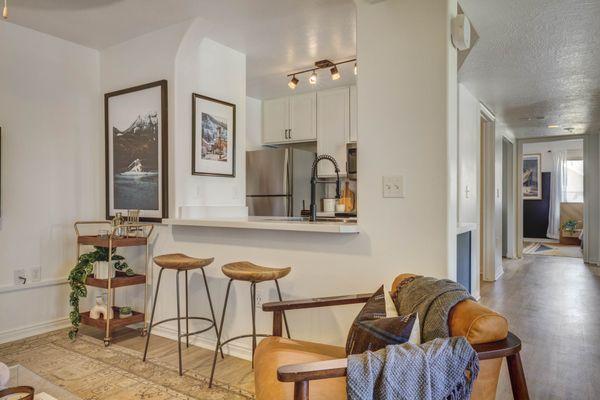 kitchen with barstools