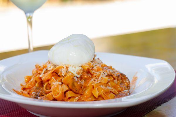 Slow braised short rib Bolognese sauce over fettuccine & shaved Parmesan.