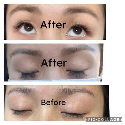 Before eyebrow tinting and eyelash extensions and After