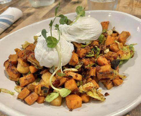 Sweet potato, bacon, apple, and Brussels hash