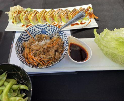 Shrimp Lettuce Wraps, Garlic Edamame and Godzilla Roll