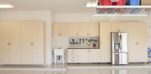 Maple Garage Cabinets with Overhead Rack storage