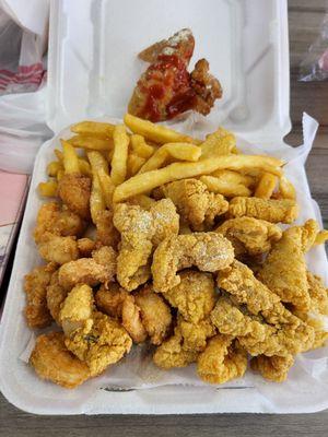 Catfish nuggets and shrimp platter. $12.99