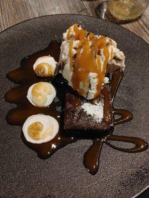 Brownie Moose Tracks Ice Cream with Carmel chocolate sauce and toasted marshmallow fluff.