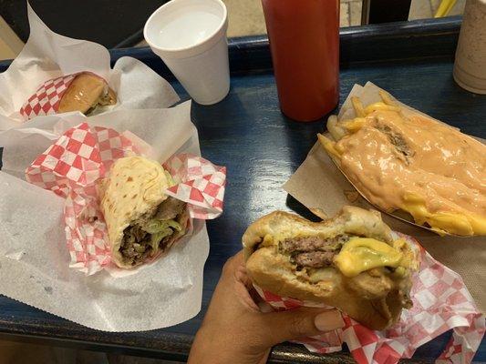 Lamb gyro, double cheeseburger & west coast fries