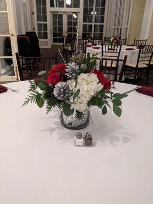 Boxwood and centerpiece arrangements for company holiday party