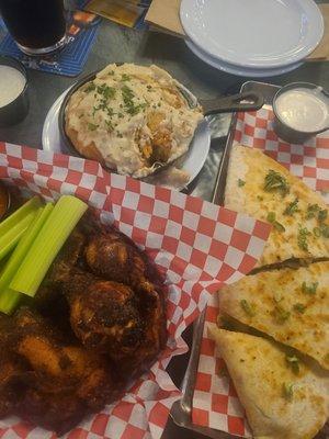 Wings, quesadilla and cornbread