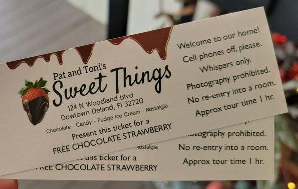 If you tour the Stetson Mansion, be sure to look on the back of your ticket because you will get a free chocolate covered strawberry!