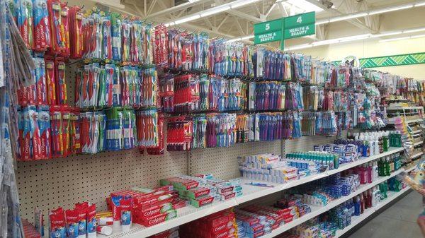 Toothbrushes, toothpaste, and more. Health and beauty, Aisle 4. August 2016