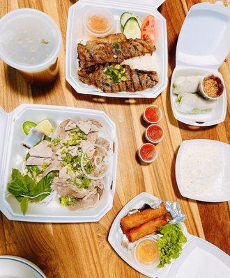 4. Pho Tai Nam Gau with extra noodles; Grilled Beef with rice; Spring Rolls; Egg Rolls