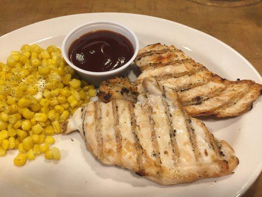 10 oz. Grilled Chicken, BBQ sauce and corn.