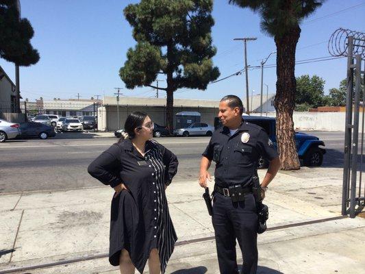 Funeral Home Admisnistrator "Alicia talking to Srg Hurtado from  Newton Police Station