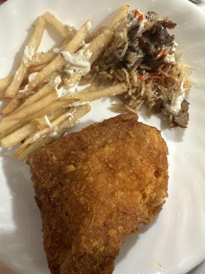 Fried chicken thigh with shoe string fries and lamb platter on the side