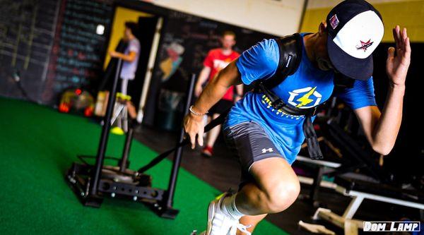 Youth athlete pulling the sled