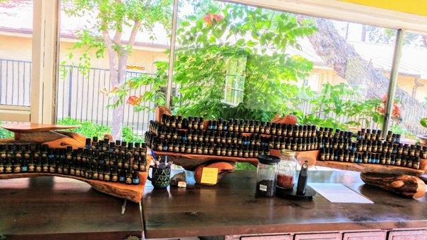 Display of our over 250 pure, single essential oils...come experience and enjoy!