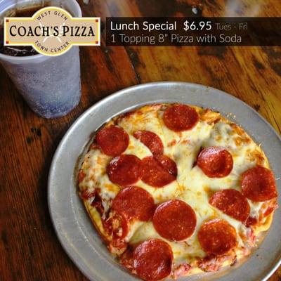 Lunch Deal: $6.95 for an 8 inch one topping pizza with a soda