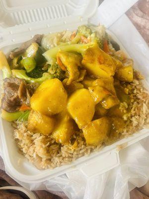 Curry chicken, beef broccoli, vegetable shrimp, shrimp fried rice