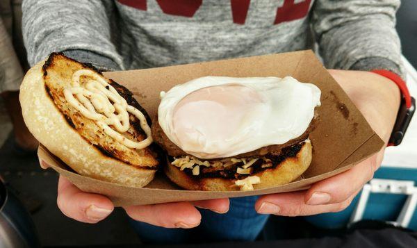 Sausage​ and egg on a D's Sourdough English Muffin by Just Encased at the Dallas Farmers Market.