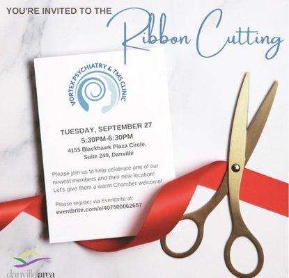 Vortex Psychiatry - City of Danville ribbon cutting.
Tuesday September 27 @ 5:30 p.m.
Come join us
www.VortexPsychiatry.com