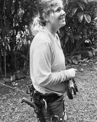 Eric's wife Susie looking up at the next tree she's going to climb