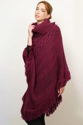 Cowl-Neck Pucker Knit Draped Poncho