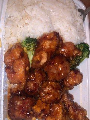 General Tso's Chicken. Extra spicy, extra crispy - fried hard , with less sauce. Perfect portion!