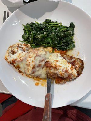 Chicken Sorrento with a side of sautéed spinach