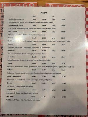 Pizza menu