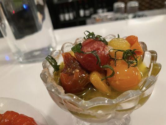 Smoked eggplant dip with cherry tomatoes